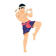 Vector Muay Thai Fighter Kicking Cartoon Illustration Isolated