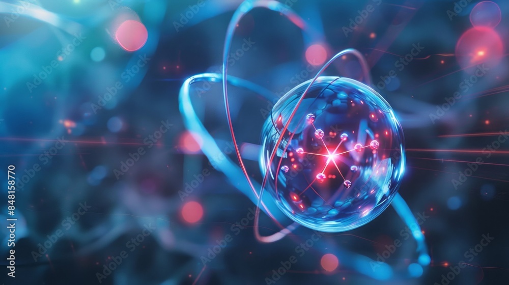 Poster a blue sphere with red and white dots surrounding it