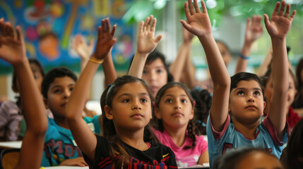 Fototapeta premium Group of Children Raising Hands in School Classroom