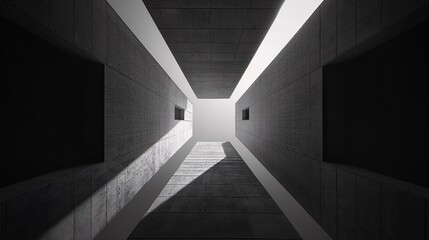Obraz premium Minimalist architectural design with dramatic light and shadow play in a modern corridor captured in black and white.