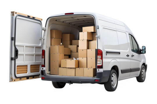 Cargo van with open backdoor and filled cardboard boxes for delivery goods isolated on transparent background. Copy space. PNG