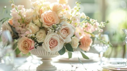 Wedding centerpiece adorned with flowers in soft natural light
