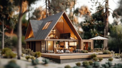 An A-frame house model with steeply angled roof and large windows offering scenic views