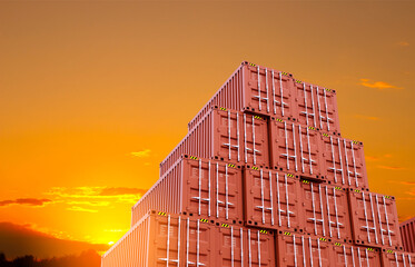 Fototapeta premium Metal cargo containers stand against the sunset. 3d-rendering