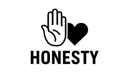 Obraz premium A hand icon, with its palm facing upwards. Adjacent to the hand, there's a heart symbol. Below these visual elements, the word 'HONESTY' is written in bold, capital letters. 