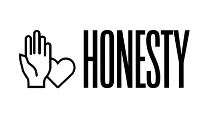 Obraz premium A hand icon, with its palm facing upwards. Adjacent to the hand, there's a heart symbol. Below these visual elements, the word 'HONESTY' is written in bold, capital letters. 