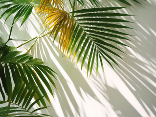 Green palm leaf isolated on white flat background with shade from sunlight. Minimal wallpaper