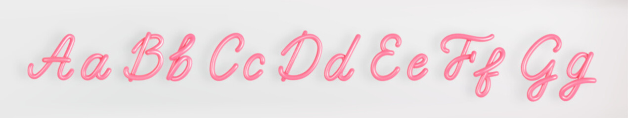 3D Pink Script Set Uppercase and Lowercase Letter A,B,C,D,E,F,G on light background. Cute Cursive Bubble typography symbol vector illustration.