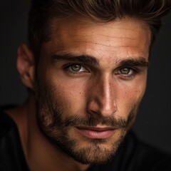 Obraz premium Male Model Isolated. Handsome Man Portrait with Serious Expression on Dark Background