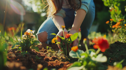 Young woman's hands digging soil to plant flowers