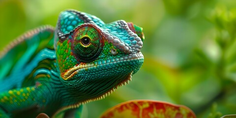 Obraz premium Macro photograph of a chameleon showcasing its adaptability and camouflage skills. Concept Nature, Wildlife, Photography, Adaptability, Camouflage