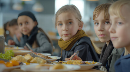 Children at the cafeteria table eating together