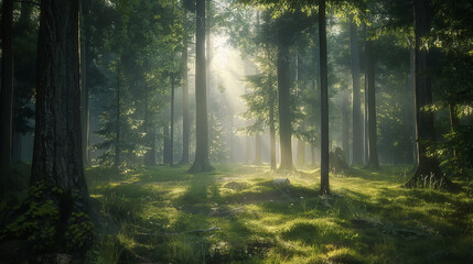 Obraz premium Trees in a green forest with light shining through