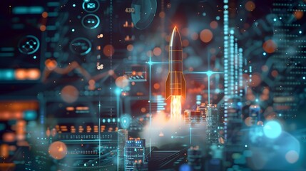 A rocket is flying through the sky above a lush green forest. The rocket is surrounded by a blue and green background, giving the impression of a futuristic world. The scene is peaceful and serene