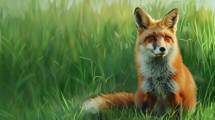 A red fox sitting proudly in the vibrant green grass field