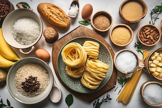 Top view of high carbohydrate food - pasta grain rice oat corn banana - high carbs and high calories diet which can lead to insulin resistance or diabetes