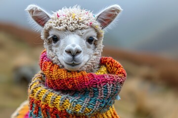 A baby alpaca wearing a colorful knitted sweater, standing in a hilly pasture. The alpaca has a gentle and calm expression
