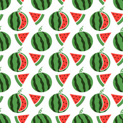 Whole and cut slice, dissected Watermelon Vector Seamless Pattern. Food Background. Summer fruit wallpaper. Flat illustration.