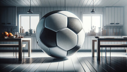 A giant soccer ball sits in the middle of a cozy kitchen, surrounded by typical kitchen items and breakfast foods, creating a surreal and playful atmosphere