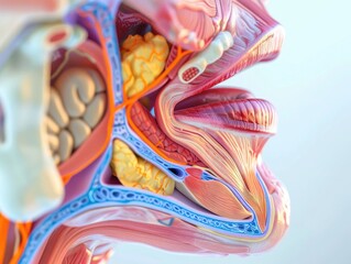 Detailed anatomical illustration of a human head section showing muscles, tissues, and organs for medical study and educational reference.