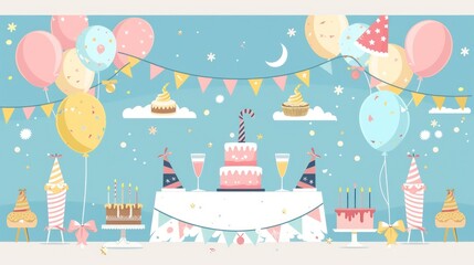 Balloons and confetti background Children at birthday party theme with decorations festive design illustration.
