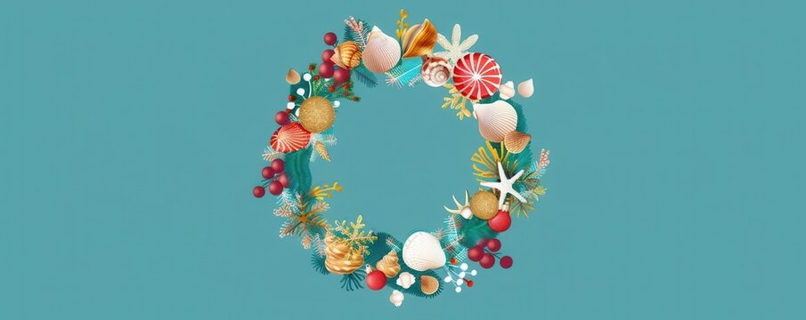 Create a wreath using seashells, starfish, and other ocean elements. The wreath should have a tropical theme and should be suitable for use as a holiday decoration.