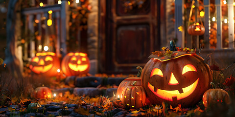 Halloween pumpkins and decorations outside a house background, Happy Halloween - Ai Generated