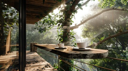 Serene treehouse balcony with coffee cups on a rustic wooden table, surrounded by lush green foliage and sunlight filtering through the trees.