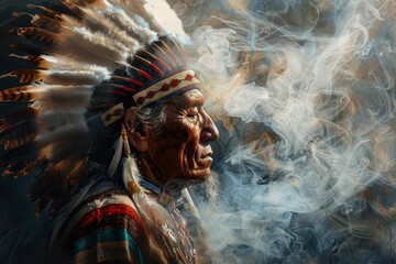 native american tribal chief performing ceremonial ritual with feathered headdress and smoke billowing digital painting