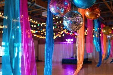 nostalgic adult prom theme party with decorated venue colorful streamers balloons and disco balls