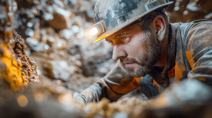 Determined Miner Working in a Dusty Underground Mine