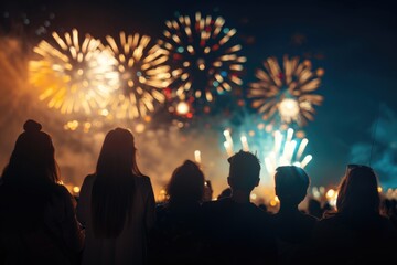 Crowd Watching Fireworks Display at Night