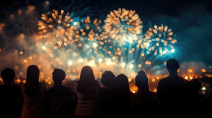 Crowd Watching Fireworks Display at Night