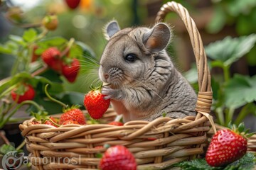 A baby chinchilla nibbling on a fresh strawberry, sitting in a small basket. The background shows a garden setting 
