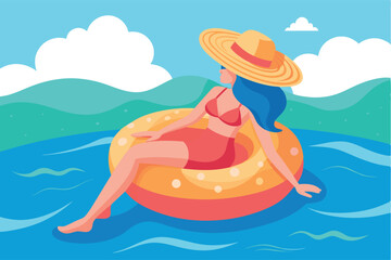 Naklejka premium a girl in a swimsuit sitting on a donut-shaped inflatable circle in the water, probably in a swimming pool. Mountains and palm trees can be seen all around. She is wearing a wide-brimmed hat