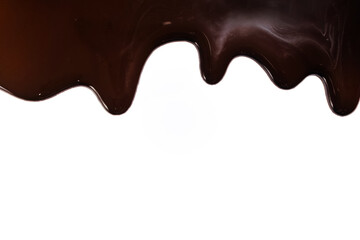Melted chocolate dripping on white background