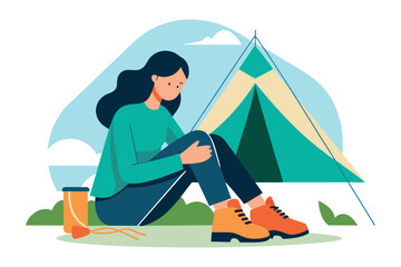 Fototapeta premium A girl sitting in front of a tent with trees in the background. The setting hints at the theme of outdoor recreation or camping.