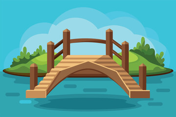 picturesque landscape. It shows a wooden bridge over a small river surrounded by green trees. You can see rocks in the foreground and mountains in the distant background under a clear blue sky.