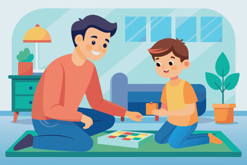 A father and son are playing a board game in a child's room. This is an interesting image that symbolizes leisure time, family or friendly interaction over a game, and indoor entertainment.