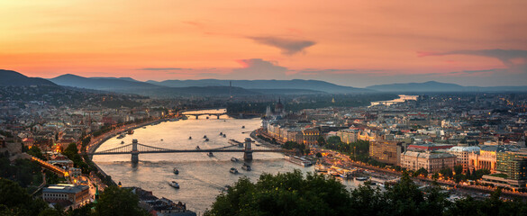 Panoramic view to Budapest skyline from above at sunset