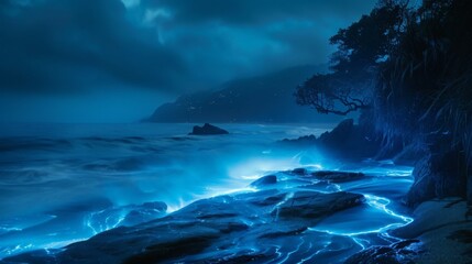 Capture the beauty of bioluminescent waves at night, glowing with an eerie yet mesmerizing blue light.