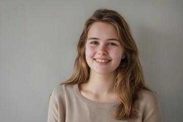 Obraz premium portrait of smiling young woman on neutral background studio headshot photography