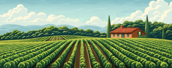 Fototapeta premium Tranquil countryside vineyard with orderly rows of grapevines and a rustic wine tasting pavilion. Vector flat minimalistic isolated illustration.
