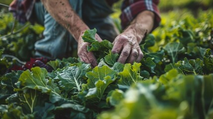 Fototapeta premium Capture the meticulous care of a farmer harvesting organic crops. Each vegetable is picked at peak ripeness, ensuring maximum flavor