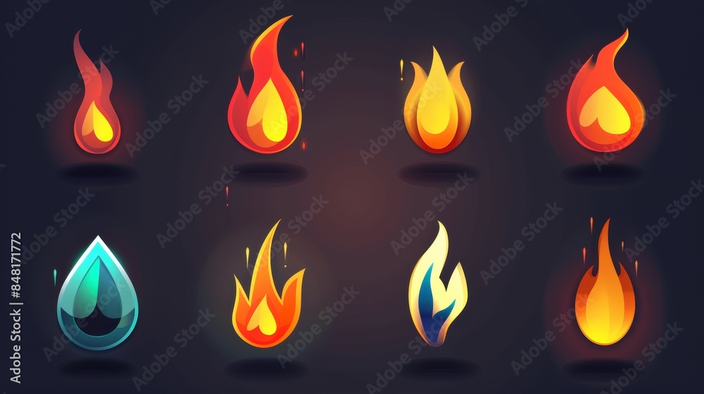 Aufkleber collection of flat design flame symbols used as icons in a mobile app interface. The symbols are intuitively designed and visually appealing, enhancing the user experience.