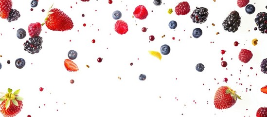 Assorted fresh wild berries falling, such as strawberry, raspberry, blueberry, and blackberry, against a white backdrop, with emphasis on select berries