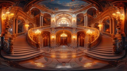 Obraz premium Opulent grand staircase with lavish chandeliers in a luxurious palace interior illuminated by warm lighting and rich architectural details.