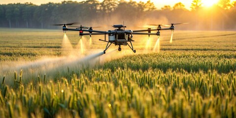 Closeup of a drone spraying pesticide on a wheat field, drone, spraying, pesticide, wheat, field, agriculture