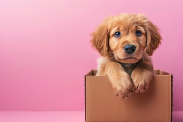 A small brown dog is sitting in a cardboard box