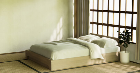 muji style empty room decorated with wooden bed, white wall and wooden wall. 3d rendering